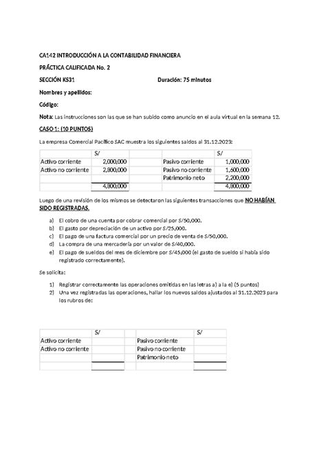 CA142 PC2 2024 1 OA CA142 INTRODUCCIÓN A LA CONTABILIDAD FINANCIERA