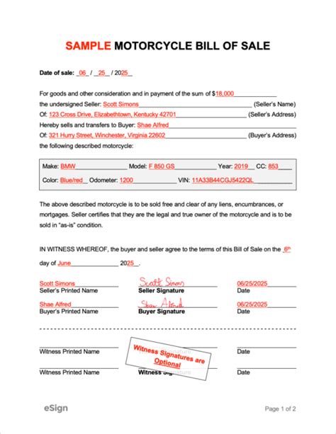 Motorcycle Bill Of Sale Form Free Printable Motorcycle Purchase