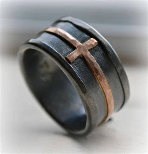 Mens Cross Wedding Band Rustic Hammered Cross Ring Oxidized Fine