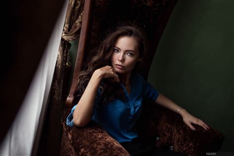 Women Brunette Maxim Guselnikov Long Hair Painted Nails Blue Eyes