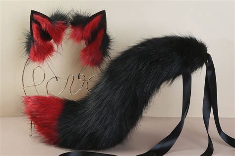 Black Red Faux Fur Fox Tail And Ear Wolf Tail And Ear Kitten Ear And