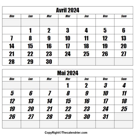 Calendrier Avril Mai 2024 à Imprimer The Calendrier