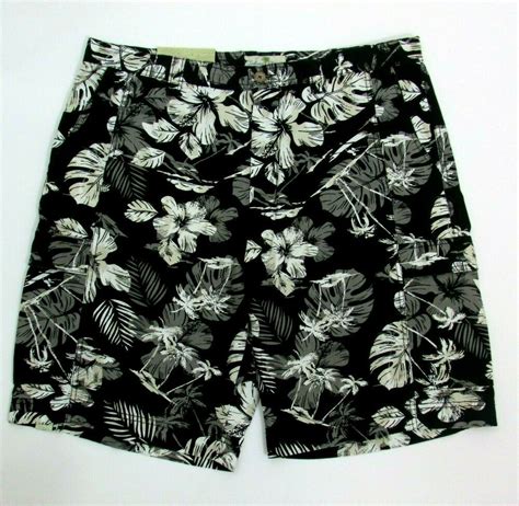 Nwt Island Shores Mens 40w Black Tan White Hawaiian Print Cotton Cargo Shorts Islandshores