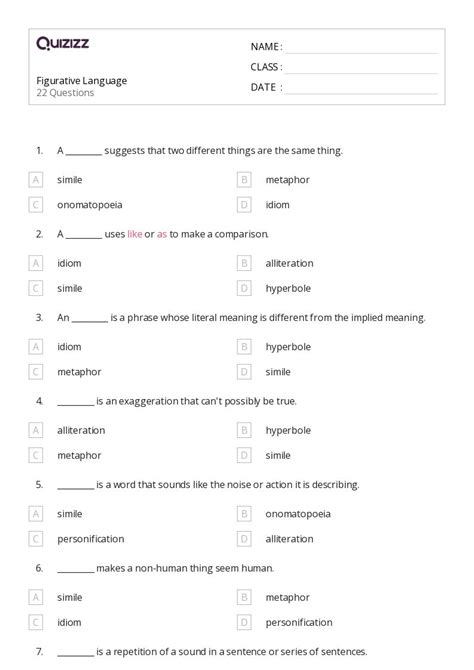 50 Figurative Language Worksheets For 3rd Grade On Quizizz Free