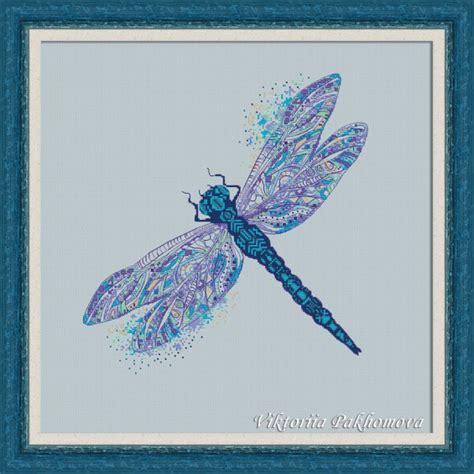 Cornflower Dragonfly Cross Stitch Pattern Watercolor Insect Hand