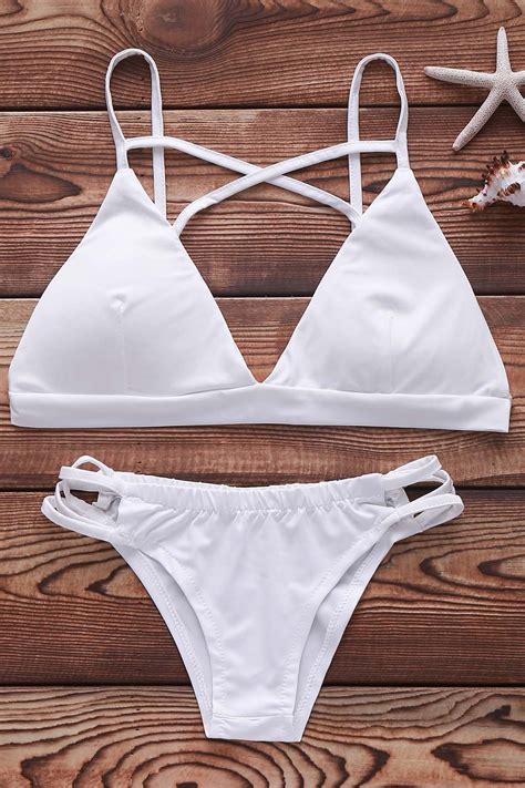 Sexy Spaghetti Strap Cut Out Criss Cross Solid Color Women S Bikini Set In White S