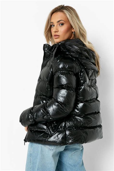 Faux Fur Trim High Shine Puffer Jacket Womens Faux Fur Puffer Jacket