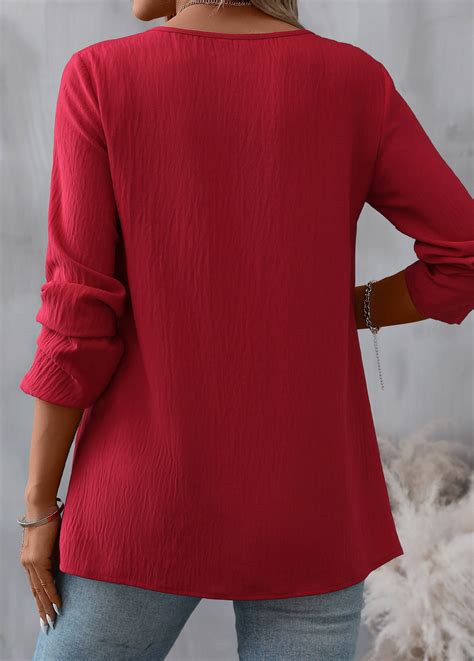 Red Patchwork Long Sleeve Round Neck Blouse Modlily USD 35 98