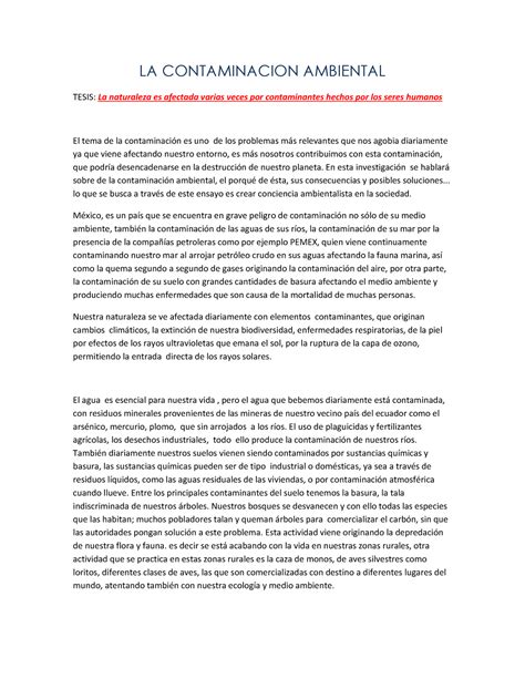 LA Contaminacion Ambiental LA CONTAMINACION AMBIENTAL TESIS La