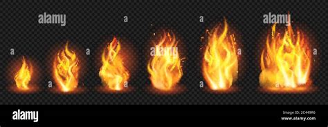 Realistic flame concept. Flaring fire blaze, various size burning spurts of flame, growing ...