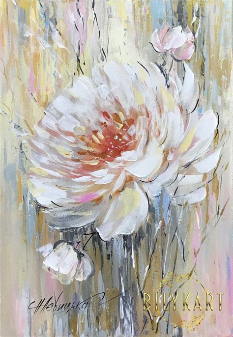 White Peony Oil Painting Original Single Flower Painting On Canvas Gold