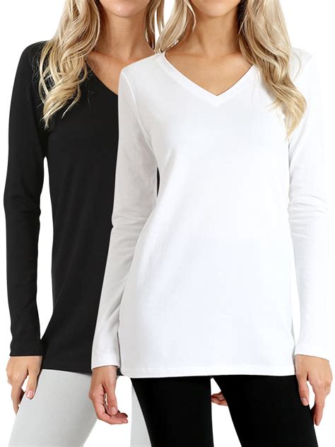 Women Casual Basic Cotton Loose Fit V Neck Long Sleeve T Shirt Top