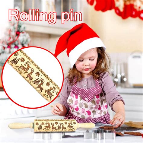 Kitchen Snow Wood Rolling Pin Engraved Carved Embossed Christmas