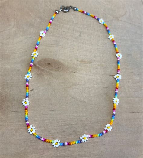 Daisy Chain Necklace Seed Bead Rainbow Flower Necklace Jewelry Made