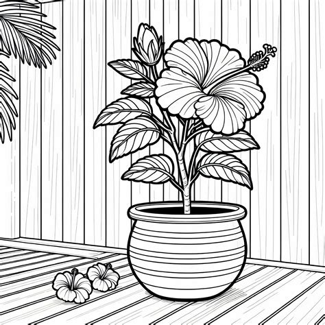 Hibisco in vaso su terrazza in legno – Disegno da colorare gratuito