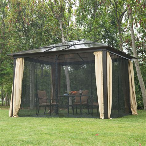 12 X 10 Hardtop Gazebo Outdoor Patio Canopy With Mesh And Curtains