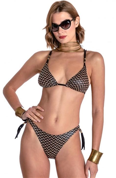 LAMÉ PADDED TRIANGLE BIKINI HERRINGBONE PRINT