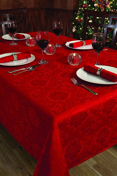 Christmas Holiday Red Damask Poinsettia Diamond Table Cloth 60 x120 - Tablecloths