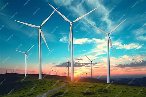 Premium Photo Majestic Wind Turbines Towering Over Golden Fields At Sunset Generative Ai