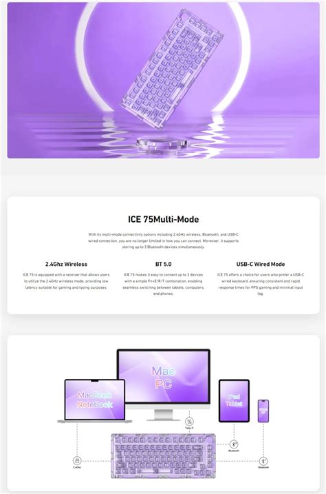 Monsgeek Ice 75 Multi Mode RGB Hot Swappable Transparent Mechanical Keyboard Crystal Pro