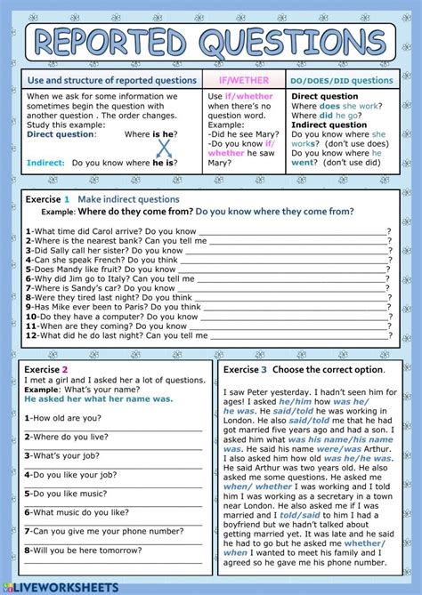 Reported Speech Worksheet With Answers