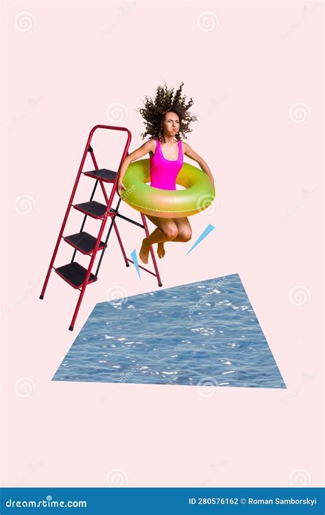 Vertical Collage Image Of Carefree Girl Climb Ladder Jumping Water