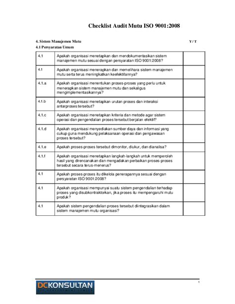 Pdf Checklist Audit Iso 9001