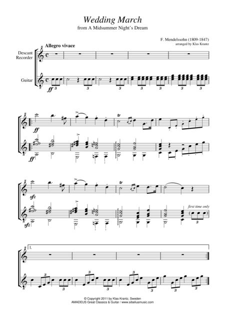 Wedding March For Descant Recorder And Guitar Arr K Krantz By F