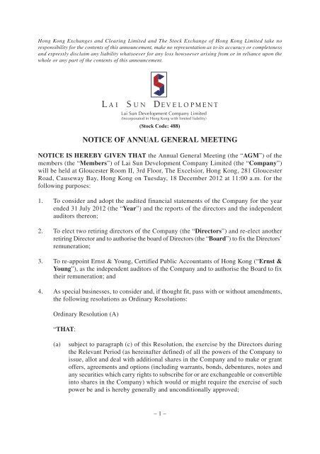 NOTICE OF ANNUAL GENERAL MEETING Lai Sun Group