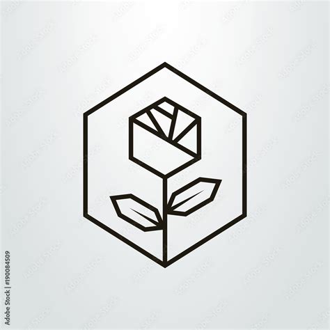 Black And White Simple Geometric Line Art Rose Flower Icon Stock Vector