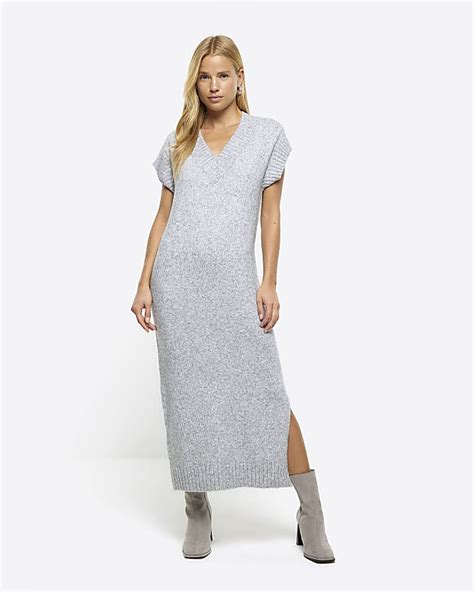 Grey Split Hem Jumper Midi Dress River Island