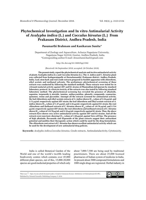 Pdf Phytochemical Investigation And In Vitro Antimalarial Activity Of