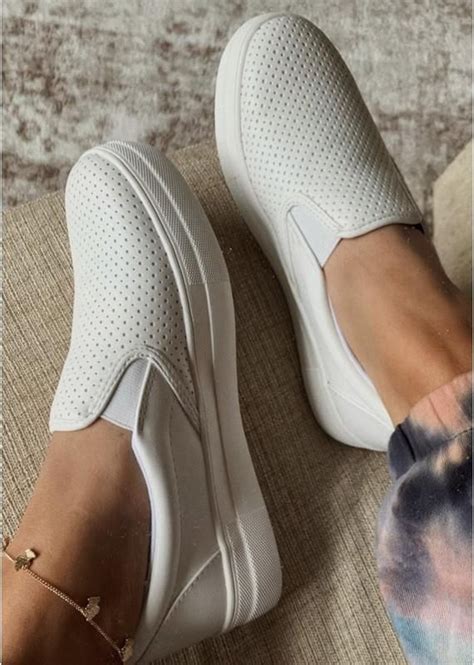 Perforated Slip On Sneakers Fit True To Size Cushioned Sole Faux Leather Platform Slip On