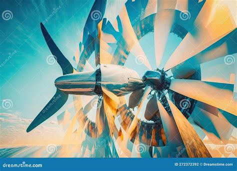 Flying Commercial Airplane Propeller Blades Double Exposure Over Blue ...