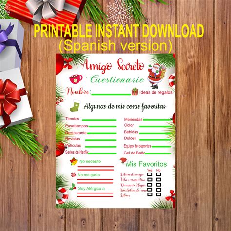 Secret Santa Questionnaire amigo Secreto Printable PDF Instant Download spanish Version - Etsy