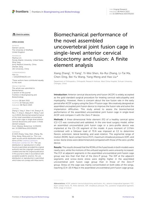 PDF Biomechanical Performance Of The Novel Assembled Uncovertebral