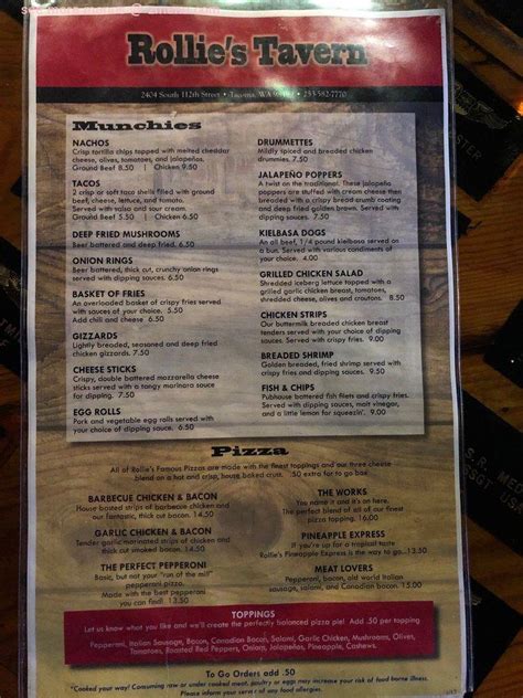 Menu at Rollies Tavern pub & bar, Lakewood