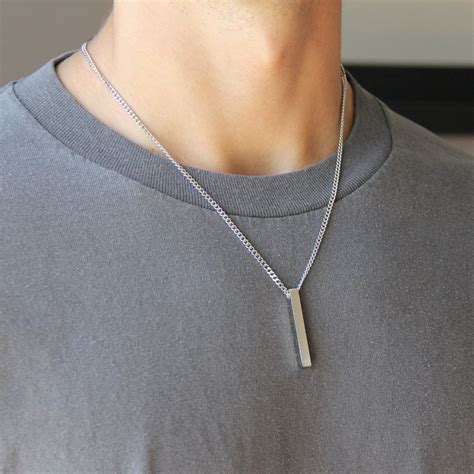 Silver Bar Pendant Necklace for Men / Stainless Steel Waterproof 3mm ...