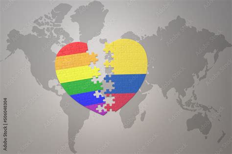 Puzzle Heart With The Rainbow Gay Flag And Colombia On A World Map Background Concept Stock