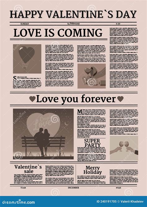 Valentine S Day Newspaper, Title Header, Unreadable Text, Retro. Vector