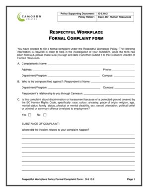 Fillable Online Respectful Workplace Formal Complaint Form Fax Email