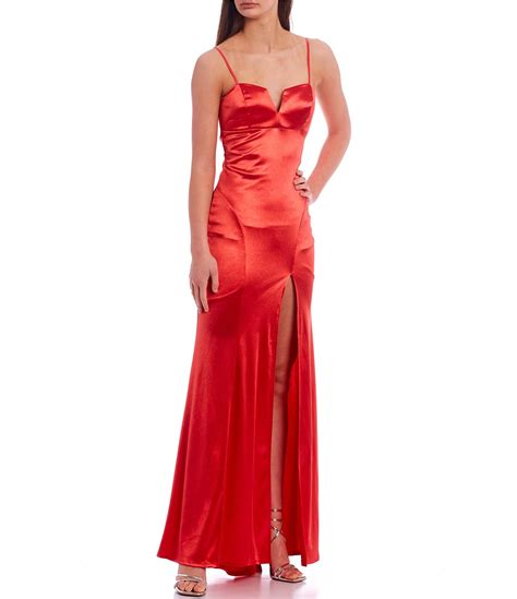 Honey And Rosie Spaghetti Strap Notch Neck Side Slit Cinched Back Stretch Satin Long Dress