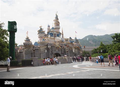 Tourists At Sleeping Beauty Castle Hong Kong Disneyland Lantau Island