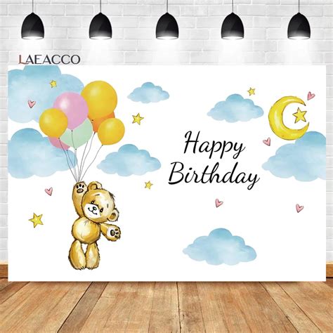 Laeacco Teddy Bear Happy Birthday Backdrop Hot Air Balloon Star Cloud