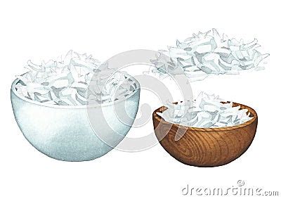 Watercolor Bowls And Handfuls Of Coconut Flakes Isolated On The White