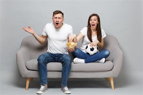 Perplexed Couple Woman Man Football Fans Cheer Up Support Favorite Team