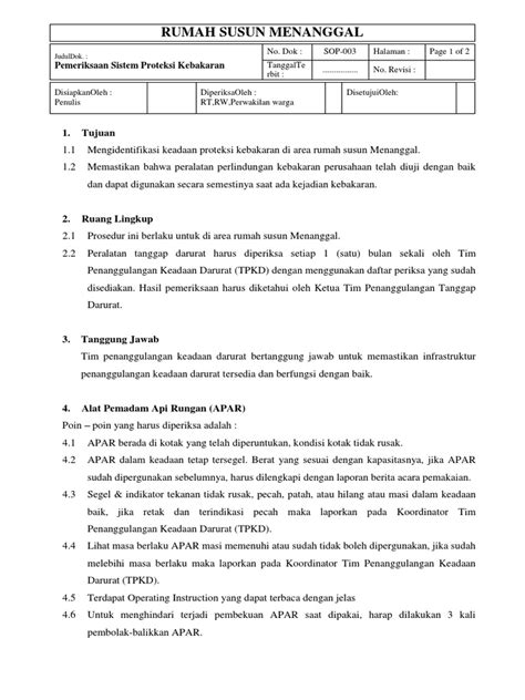 Sop 003 Pemeriksaan Sistem Proteksi Kebakaran Pdf