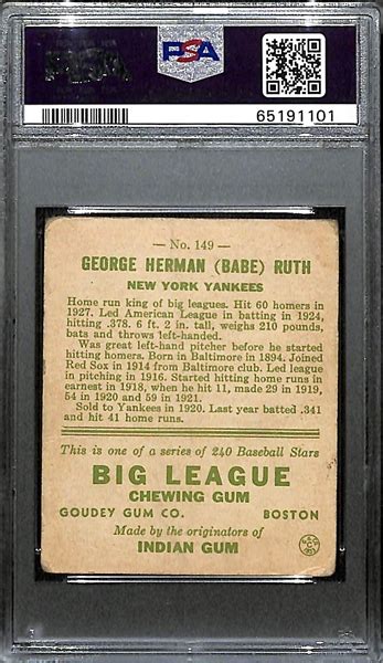 Lot Detail 1933 Goudey Babe Ruth 149 Graded PSA 1 Card Presents