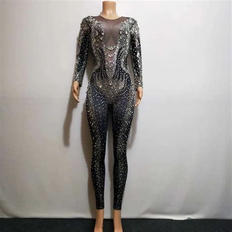 2021 Black Rhinestones Pearls Jumpsuit Bar Dance Clothing Stretch