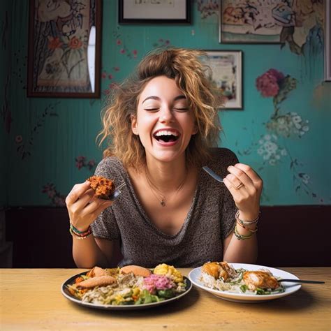 Premium Photo A Woman Sitting At A Table With Plates Of Food And A